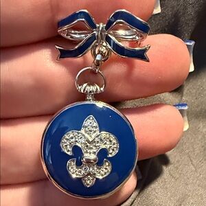 Blue Enamel, Clear Topaz and Sterling Silver Fleur-de-Lis Brooch